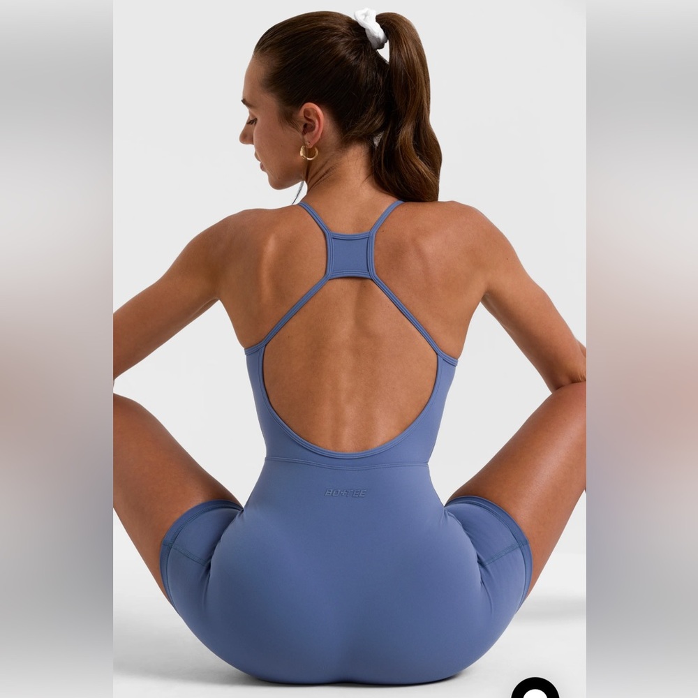BO+TEE Scoop Neckline Open Back Unitard in Slate Blue - Picture 8 of 10